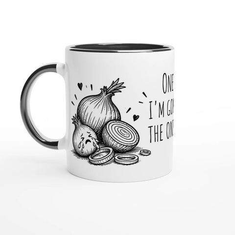 Mugg med texten One day I'm gonna make the onions cry, lök och en tecknad kock.