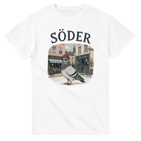 Grafisk illustration av en hipsterduva på Södermalm – retro t-shirt