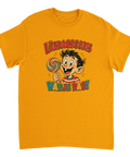 Färgglad seriefigur med godisklubba – humoristisk illustration på t-shirt