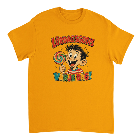 Färgglad seriefigur med godisklubba – humoristisk illustration på t-shirt