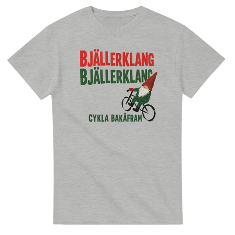 Retro julmotiv med en cyklande tomte på en gråmelerad t-shirt
