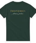 Mörkgrön t-shirt med kaxig svensk text i guld och vit skrivstil