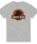 Roligt hundmotiv inspirerat av klassisk storfilm med texten Jurassic Bark – grå t-shirt