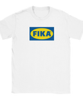 FIKA t-shirt i IKEA-stil med blå och gul logga – vit