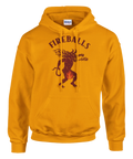 Parodi på Fireball där demonen brinner i skrevet och texten Fireballs, på gul hoodie
