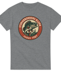 Grå fiske-tshirt med vintage badge och en tecknad stor abborre, samt texten "Storabborrens Klubb – sedan 1987", perfekt för sportfiskare