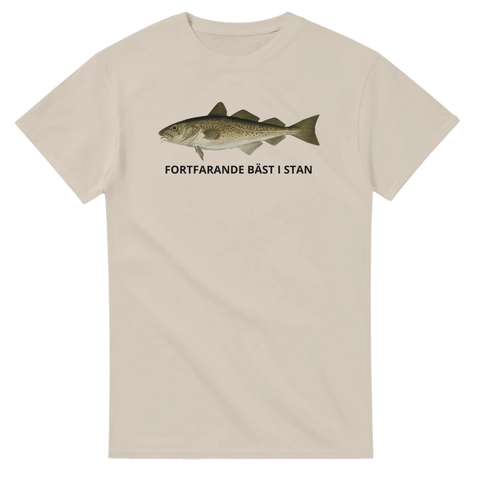 Beige t-shirt med realistisk torsk och texten Fortfarande bäst i stan