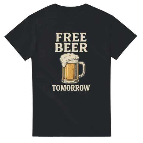 Svart t-shirt med stor ölsejdel och texten ”Free Beer Tomorrow”.