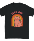 T-shirt med rosa katt framför regnbåge och texten "FUCK OFF"