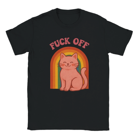 T-shirt med rosa katt framför regnbåge och texten "FUCK OFF"