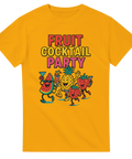 Färgglad t-shirt med texten "Fruit Cocktail Party" och tecknade frukter som festar