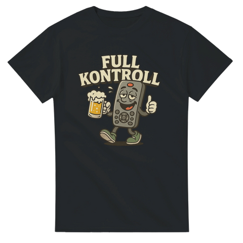 Svart t-shirt med tecknad fjärrkontroll som håller öl och texten ”Full kontroll” – skön humor för soffhäng och hemmakväll.