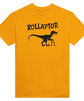Gul t-shirt med humoristisk illustration av en raptor på rullator
