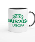 Vit keramikkmugg med Opa Opa GAIS 2026 Europa-tryck och svart insida