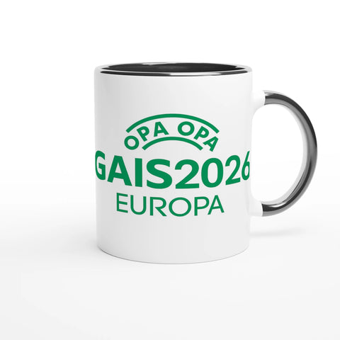Vit keramikkmugg med Opa Opa GAIS 2026 Europa-tryck och svart insida