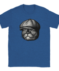 T-shirt med svartvit teckning av sur katt med keps