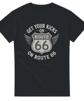 T-shirt med Route 66-motiv och texten Get Your Kicks on Route 66, perfekt för raggare, bikers och USA-roadtrip-entusiaster