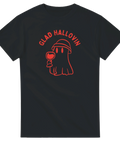 Svart t-shirt med röd linjeillustration av ett spöke som håller ett vinglas och texten “Glad Hallovin” – rolig halloween-tröja för vinälskare.
