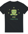 Svart t-shirt med grön leprechaun-hatt och texten “Glad i hatten”.