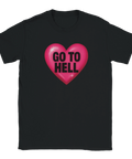 Ironiskt t-shirt med rosa hjärta och texten "Go To Hell"