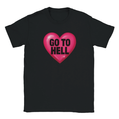 Ironiskt t-shirt med rosa hjärta och texten "Go To Hell"