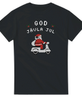 Svart t-shirt med tomte på moped och texten God jävla jul i retro stickad stil
