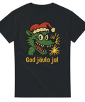 Svart t-shirt med arg julvarg, tomteluva och texten God jävla jul