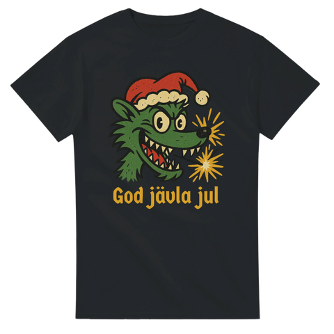 Svart t-shirt med arg julvarg, tomteluva och texten God jävla jul