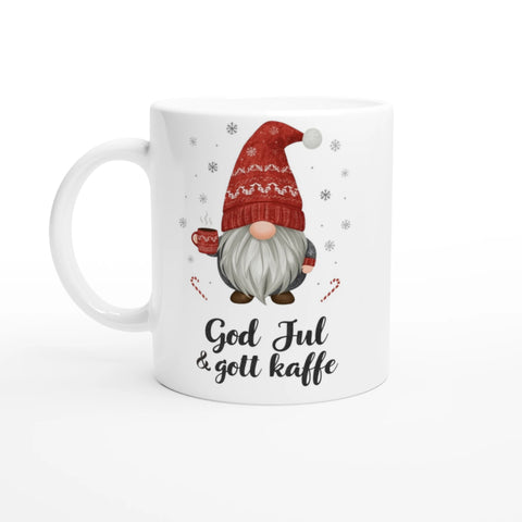 Vit mugg med tomte i röd mössa och texten “God Jul & gott kaffe” – julmugg för kaffeälskare