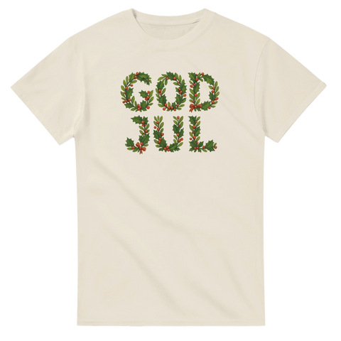 God Jul t-shirt med julkrans-bokstäver – beige