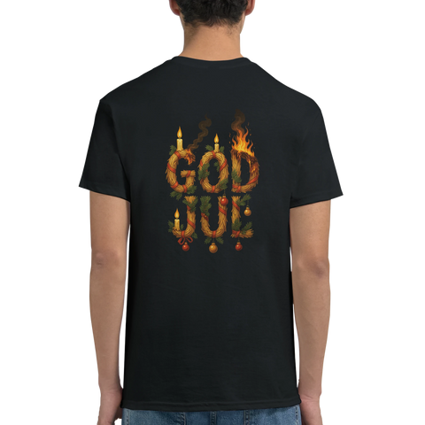 God Jul t-shirt med brinnande text på ryggen – svart