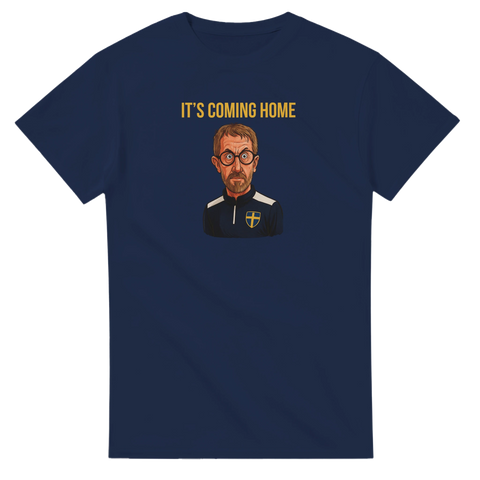 Marinblå t-shirt med tecknad svensk fotbollstränare Graham Potter och texten It’s Coming Home