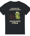 Svart t-shirt med textskämtet "Vad är det för skillnad på en groda? Han kan varken cykla!" och en tecknad groda