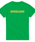 Klargrön t-shirt med gult textmotiv – Invalido i retro-font