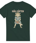 Mörkgrön t-shirt med en ilsken liten flicka som håller i en motorsåg och texten “Håll käften”