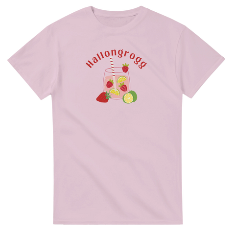 T-shirt med ett glas grogg med hallon och lime och texten "Hallongrogg"