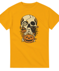 gul t-shirt med skräckinspirerad design av dödskalle och pumpor för halloween