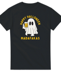 Svart t-shirt med vitt spöke som håller en öl och gul text “Happy Halloween Madafakas” – rolig halloween-tröja med partykänsla.