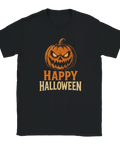 Svart t-shirt med läskig pumpa och texten "Happy Halloween"