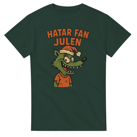 Mörkgrön t-shirt med tecknad grinchen-liknande varg i tomteluva och texten Hatar fan julen