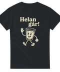 Svart t-shirt med tecknat snapsglas som går och texten ”Helan går!”.