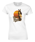 Dam t-shirt med Hell Bunny-motiv, pinup-tjej med kaninöron framför en solnedgång, perfekt för raggartjejer och retroälskare