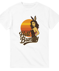 Rolig t-shirt med Hell Bunny-motiv, pinup-tjej med kaninöron framför en solnedgång, perfekt för raggare och retrofans