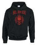 Cool hoodie med rött tryck och texten Hellraiser samt en brinnande dödskalle