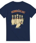 Marinblå t-shirt med motivet Herrekäglar och tecknade bowlingkäglor

