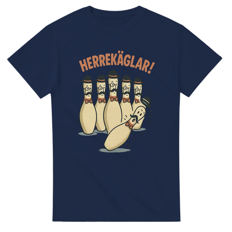 Marinblå t-shirt med motivet Herrekäglar och tecknade bowlingkäglor

