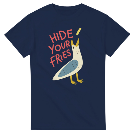 Hide Your Fries t-shirt med mås och pommes – marinblå