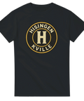 Svart t-shirt med runt emblem i guld och beige, text "HISINGEN KVILLE" och bokstaven H