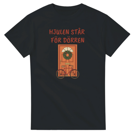 Jul t-shirt med texten “Hjulen står för dörren” och dörr med cykelmotiv
