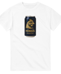 Vit t-shirt med mörk ölburk och tuppmotiv, text ”Hönsöl smakar fågel”.